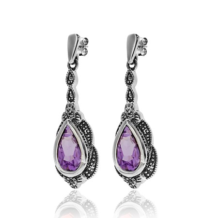Amethyst and Marcasite Antique Teardrop Earrings - 01E320AMF - Click Image to Close
